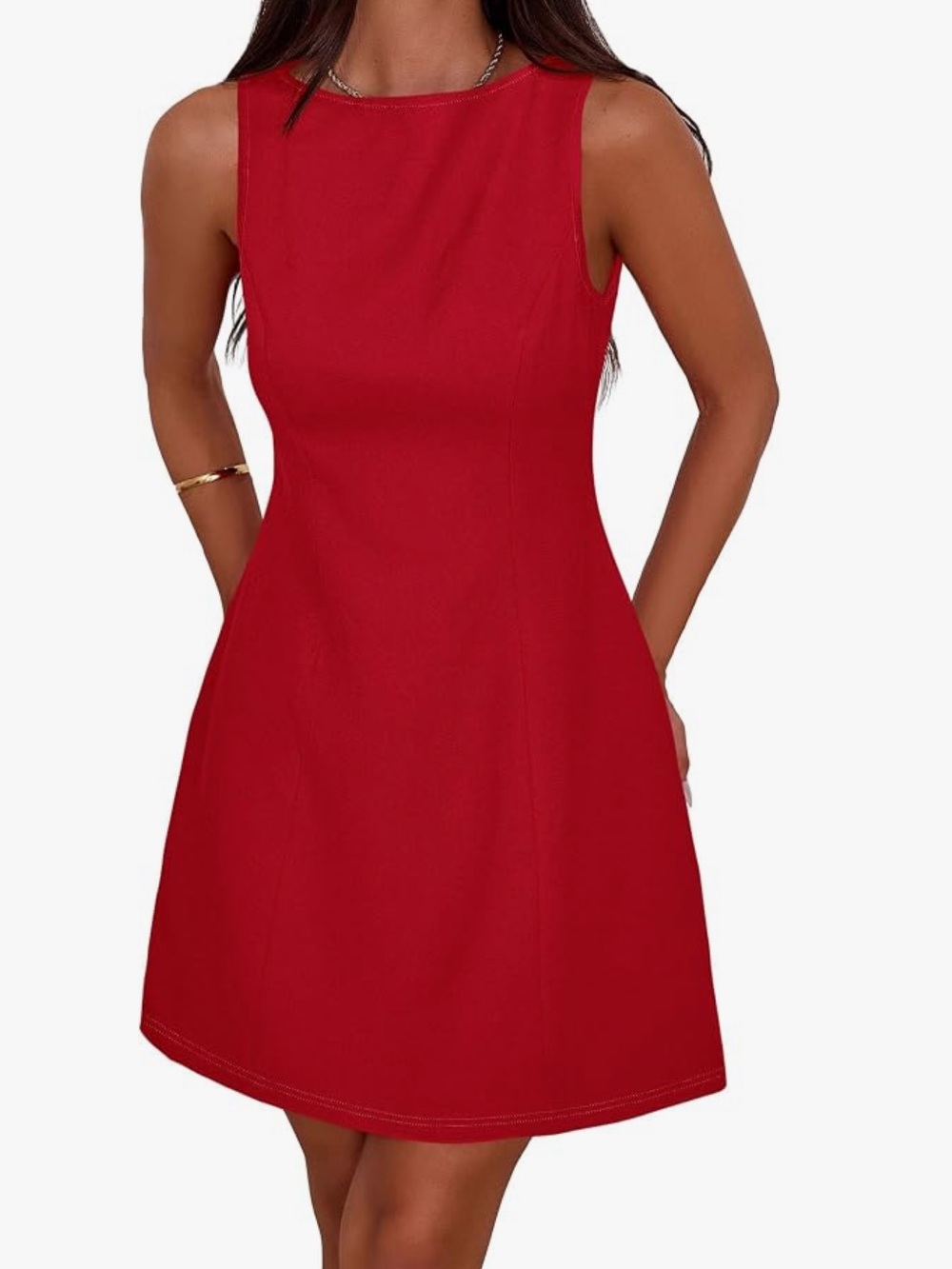 PRETTY GARDEN Sleeveless Boat Neck A-Line Dress in a vibrant red hue